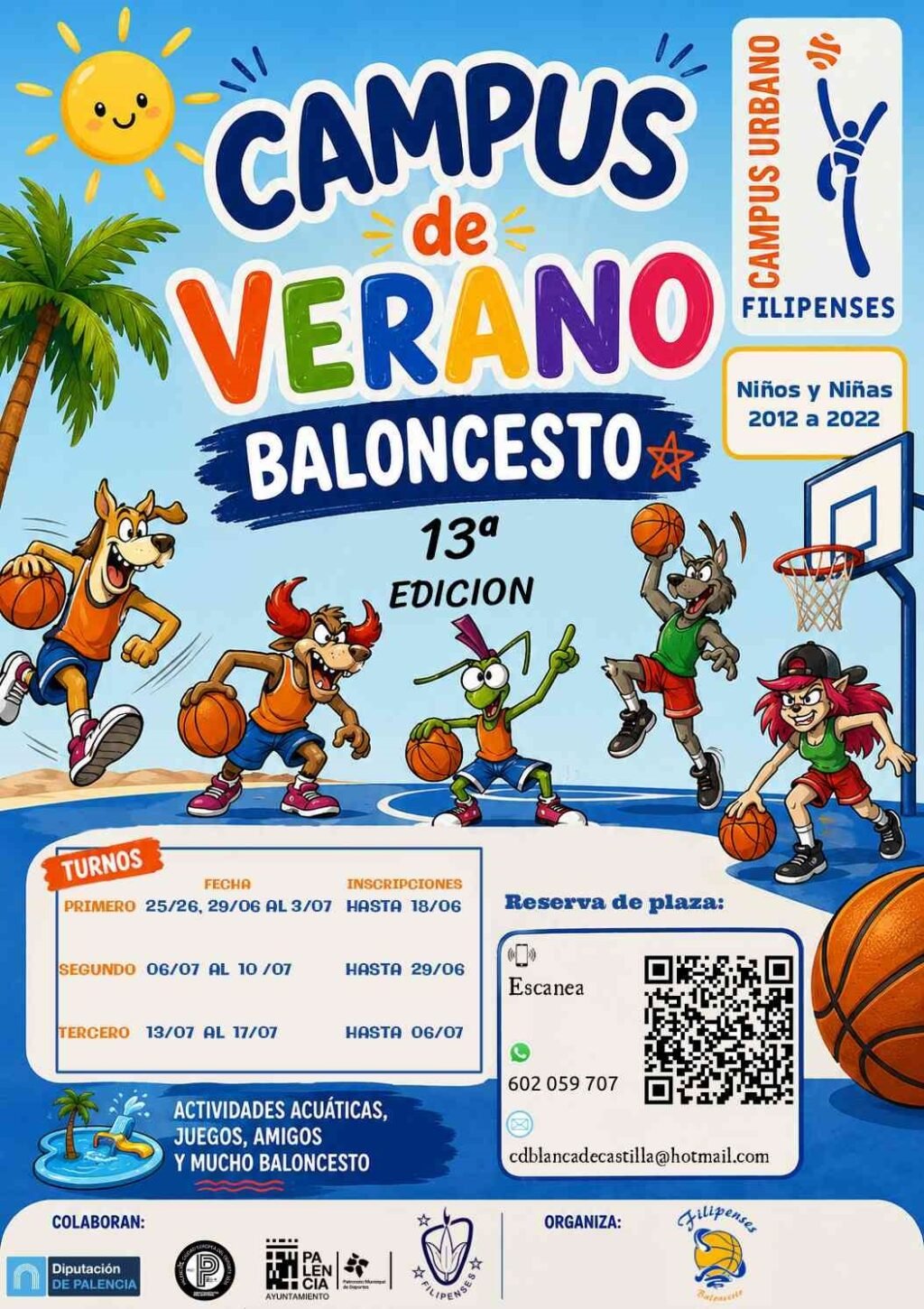 Colorful poster advertising a summer basketball camp (Campus de Verano Baloncesto) with kids playing basketball and a sunny theme.