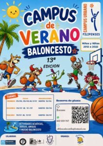 Colorful poster advertising a summer basketball camp (Campus de Verano Baloncesto) with kids playing basketball and a sunny theme.