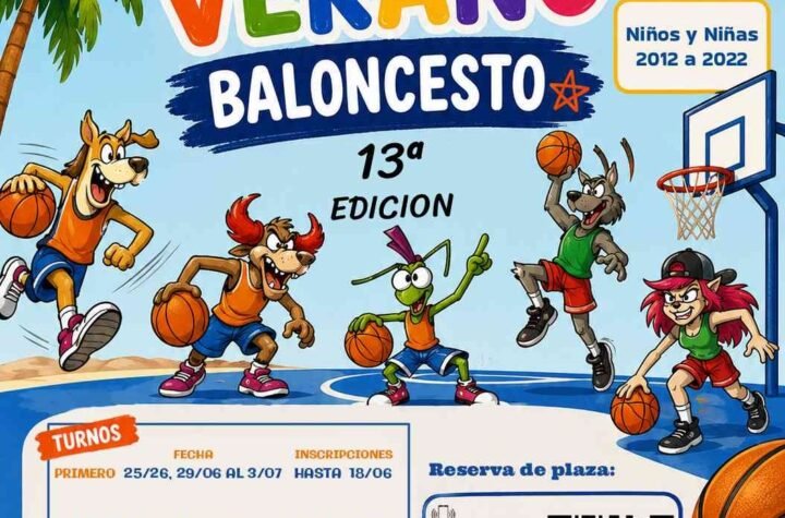 Colorful poster advertising a summer basketball camp (Campus de Verano Baloncesto) with kids playing basketball and a sunny theme.