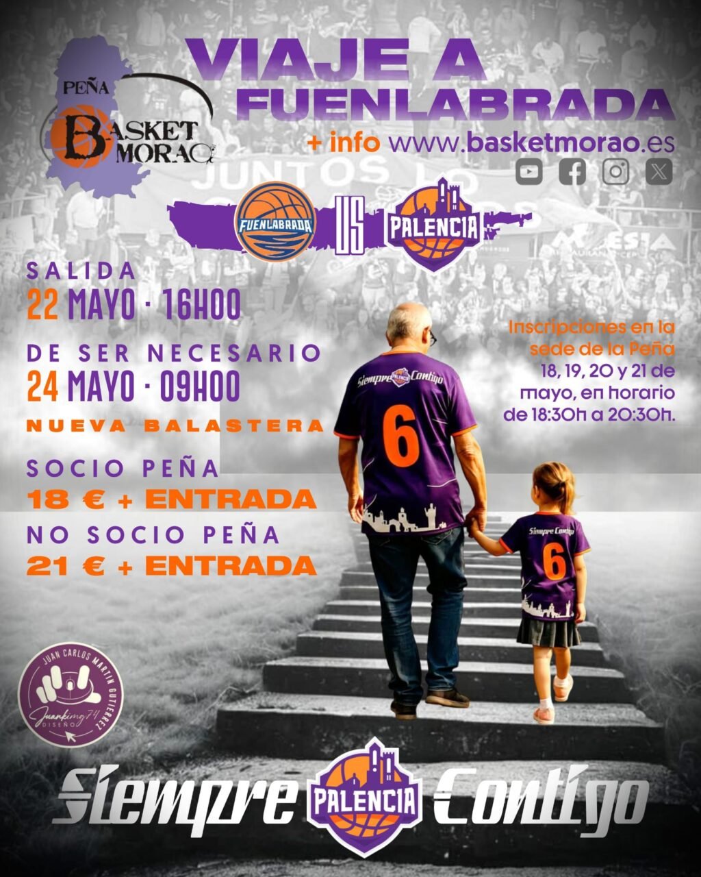 Promotional poster for a basketball trip to Fuenlabrada featuring Palencia logos, dates, and ticket info.