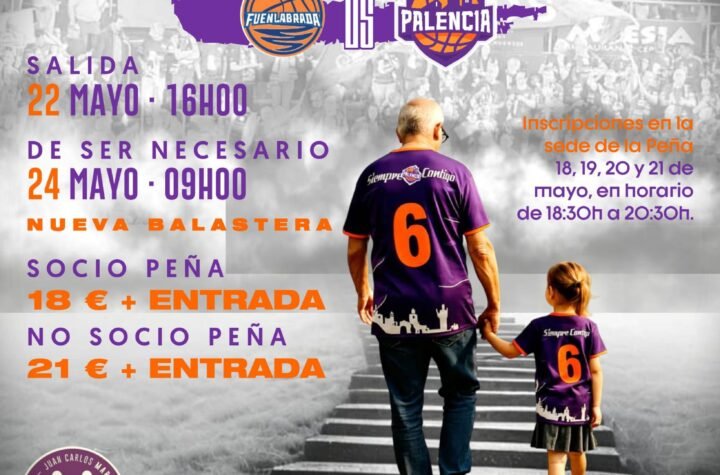 Promotional poster for a basketball trip to Fuenlabrada featuring Palencia logos, dates, and ticket info.