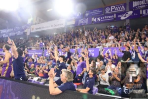 Crowd of basketball fans in purple, cheering with hands raised in stadium stands. (Informative image)