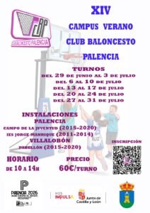 Poster announcing the XIV Campus Verano del Club Baloncesto Palencia with dates, times, venues, price 60€/turno, and a QR code.
