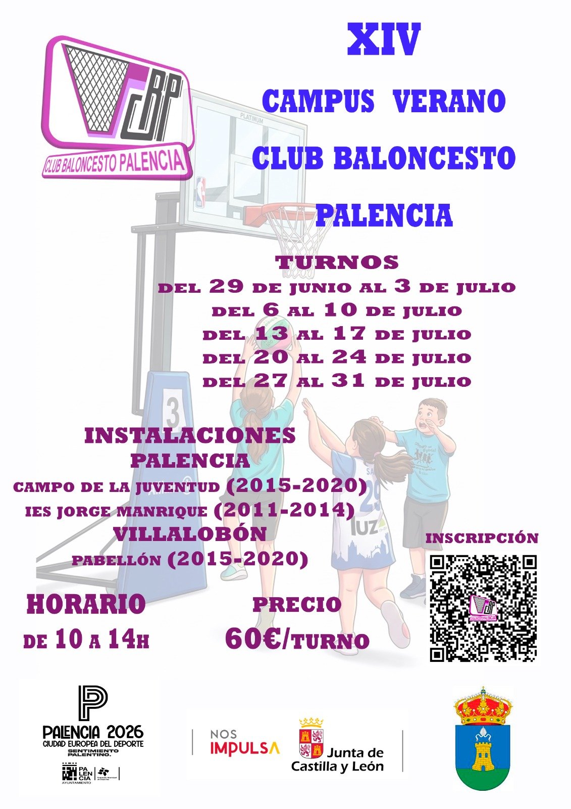 Poster announcing the XIV Campus Verano del Club Baloncesto Palencia with dates, times, venues, price 60€/turno, and a QR code.