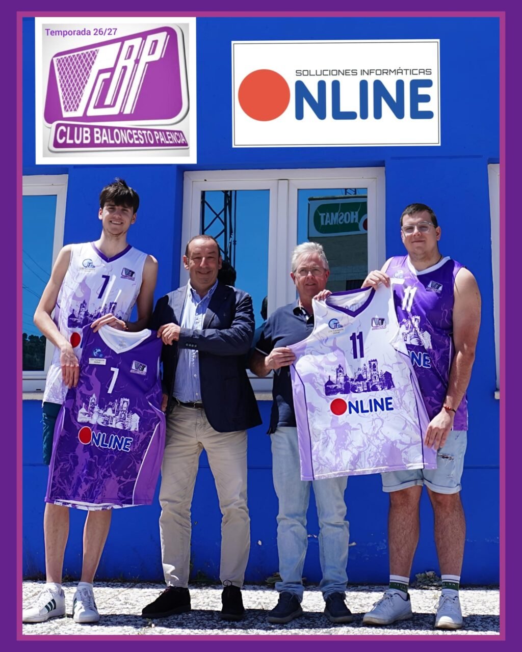 Group of five men in purple basketball jerseys posing in front of a blue building, holding matching team banners with the ONLINE logo.