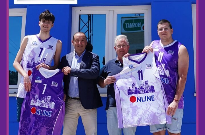 Group of five men in purple basketball jerseys posing in front of a blue building, holding matching team banners with the ONLINE logo.