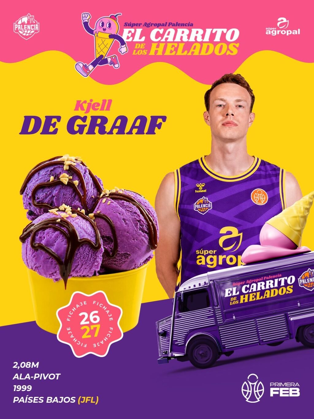 Promotional poster for El Carrito de los Helados: Kjell De Graaf in a purple jersey beside a purple ice cream scoop with chocolate drizzle on a yellow background and a purple delivery truck in the foreground.