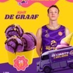 Promotional poster for El Carrito de los Helados: Kjell De Graaf in a purple jersey beside a purple ice cream scoop with chocolate drizzle on a yellow background and a purple delivery truck in the foreground.