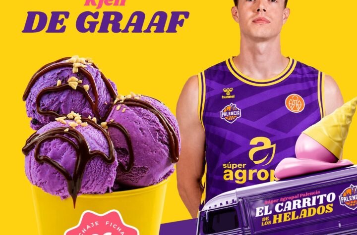 Promotional poster for El Carrito de los Helados: Kjell De Graaf in a purple jersey beside a purple ice cream scoop with chocolate drizzle on a yellow background and a purple delivery truck in the foreground.