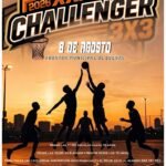 Poster promoting 2026 XXXIII Challenger 3x3 basketball event on Aug 8 at Frontón Municipal de Dueñas, with players silhouetted at sunset.