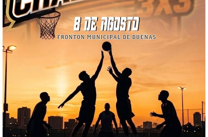 Poster promoting 2026 XXXIII Challenger 3x3 basketball event on Aug 8 at Frontón Municipal de Dueñas, with players silhouetted at sunset.
