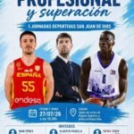 Poster promoting 'Deporte Profesional y superación' with two basketball players and a coach, blue artistic background, event branding.
