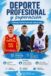 Poster promoting 'Deporte Profesional y superación' with two basketball players and a coach, blue artistic background, event branding.