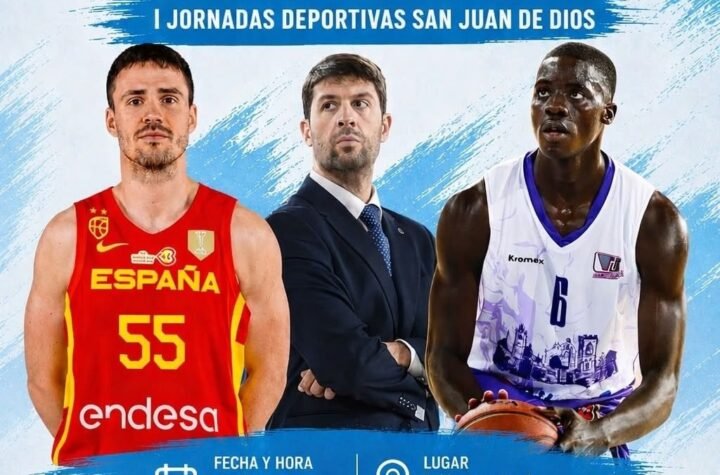 Poster promoting 'Deporte Profesional y superación' with two basketball players and a coach, blue artistic background, event branding.