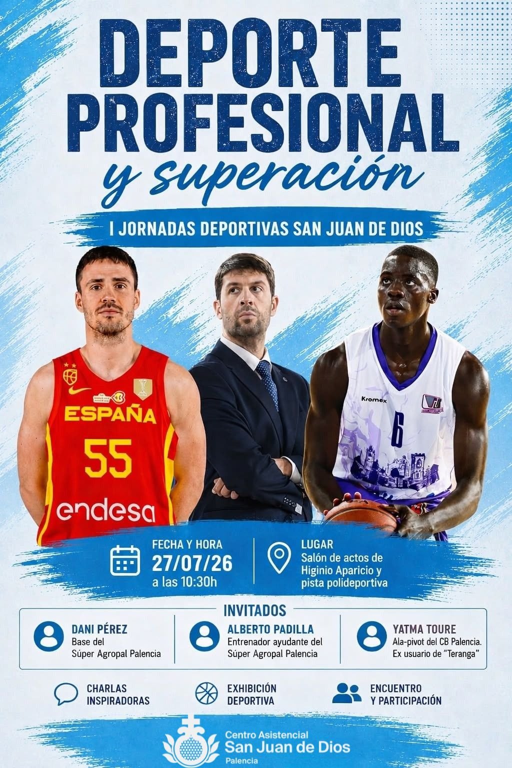 Poster promoting 'Deporte Profesional y superación' with two basketball players and a coach, blue artistic background, event branding.