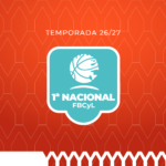 Season 26/27 banner with an orange geometric background and a teal rounded logo featuring a white globe and the text '1ª NACIONAL FBCyL' in the center.