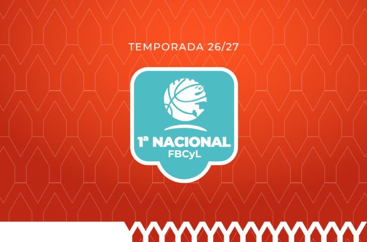 Season 26/27 banner with an orange geometric background and a teal rounded logo featuring a white globe and the text '1ª NACIONAL FBCyL' in the center.