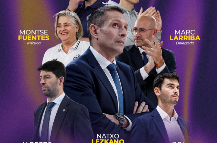 Póster del cuerpo técnico deportivo con siete integrantes y sus cargos visibles, fondo morado y título 'cuerpo técnico'.