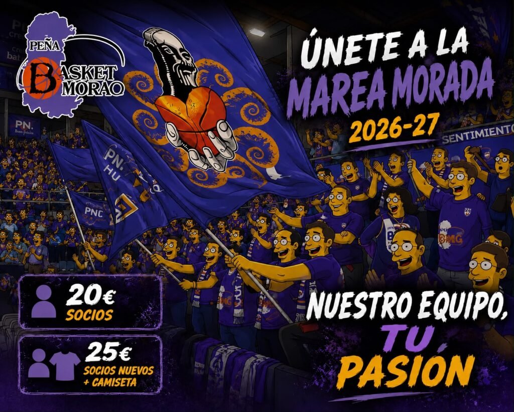 Promotional banner for the 2026–27 Morada basketball season, with a cheering crowd, purple flags, and a call to join the team’s fans.