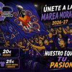Promotional banner for the 2026–27 Morada basketball season, with a cheering crowd, purple flags, and a call to join the team’s fans.