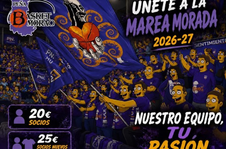 Promotional banner for the 2026–27 Morada basketball season, with a cheering crowd, purple flags, and a call to join the team’s fans.