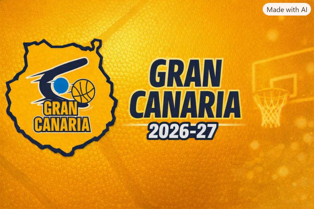 Gran Canaria 2026-27 logo: map outline with a basketball on a yellow background.