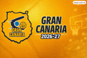 Gran Canaria 2026-27 logo: map outline with a basketball on a yellow background.