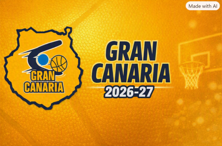Gran Canaria 2026-27 logo: map outline with a basketball on a yellow background.